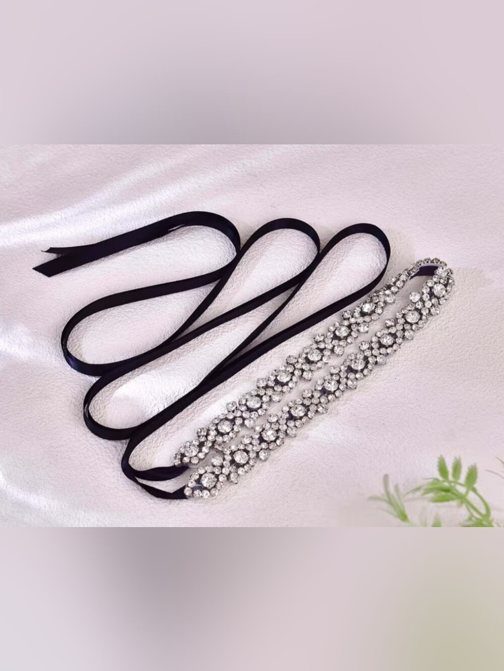 Crystal Embellished Black Ribbon Waist Belt